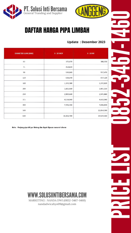 Harga Pipa Limbah SDR-41 Langgeng 2024 Distributor Price List